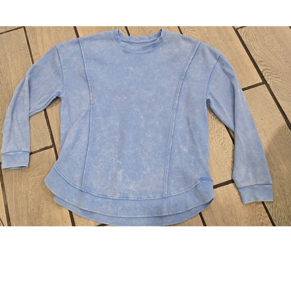 Sunnyside by Sundry Waffle Knit Thermal Top Light Blue Acid Wash Large